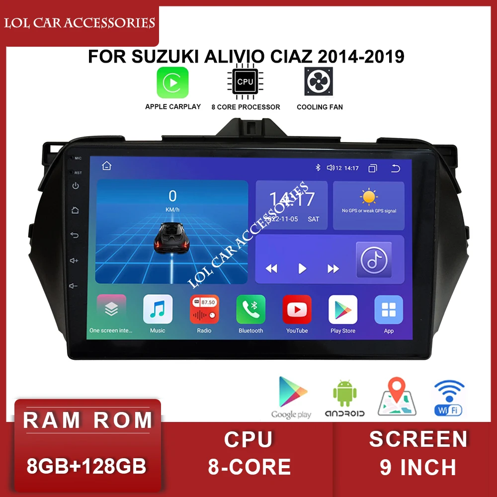 

9 дюймов для Suzuki Alivio Ciaz 2014-2019 QLED Автомагнитола стерео 8 ядер Android 12 GPS MP5 головное устройство навигация мультимедийный плеер