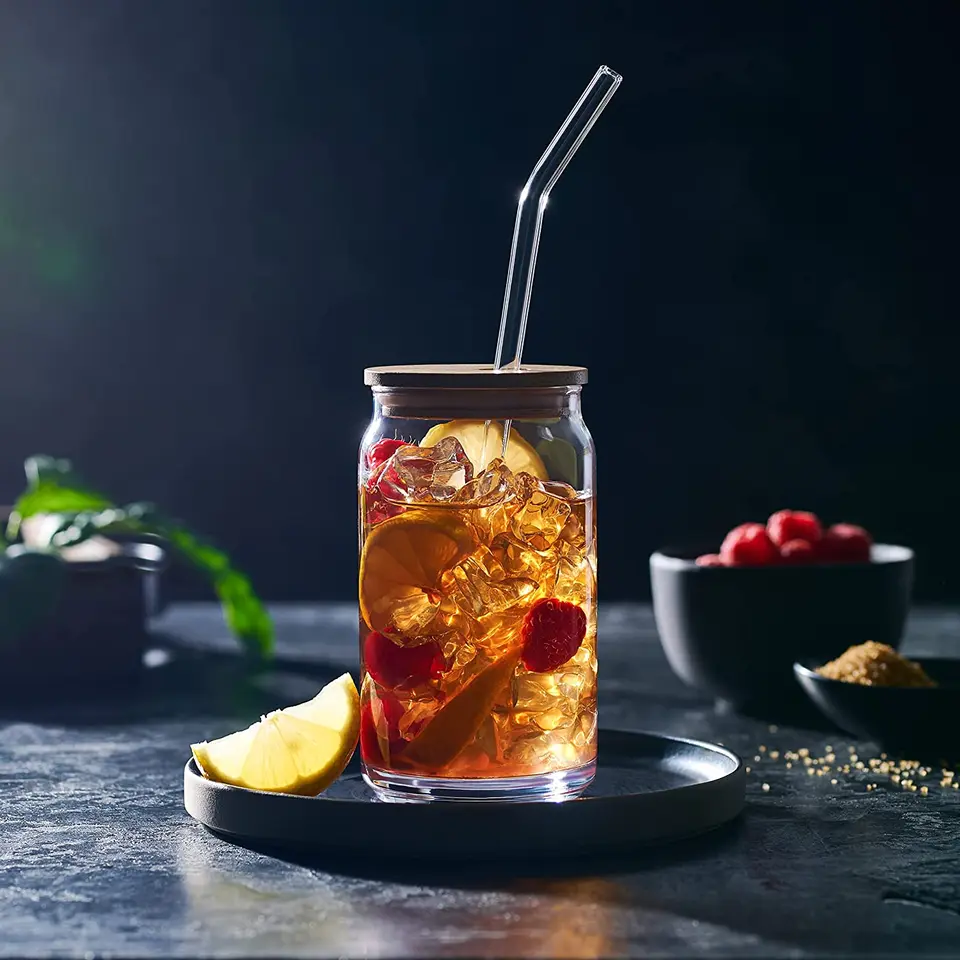 Tazza In Vetro Da 500 Ml Con Coperchio In Bambù E Cannuccia: Idea Regalo Originale
