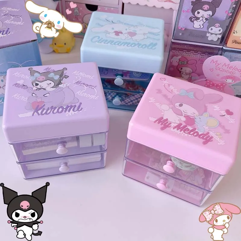 

Anime Sanrioes My Melody Cartoon Storage Case Kawaii Kuromi Cinnamoroll Double-Deck Student Ring Jewelry Stationery Plastic Box