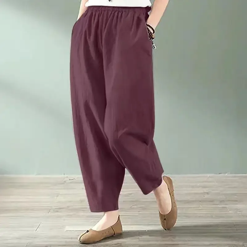 

New Spring and Autumn Art Retro Loose and Versatile Casual Elastic Waist Pocket Solid Color Oversize Cotton Harlan Pants Z457