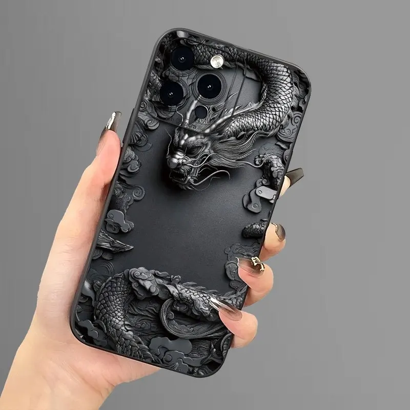 Elegant Black Chinese Loong Pattern Soft Matte Phone Case with Relief Design