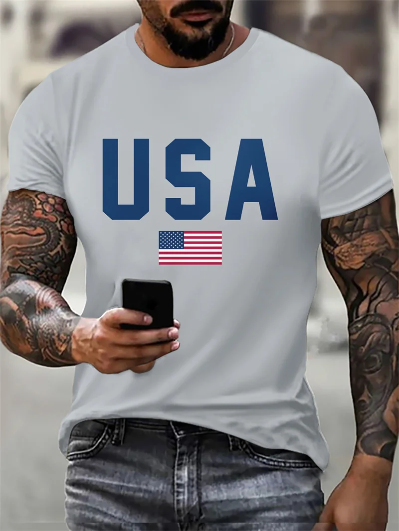 Camiseta Masculina H HYFOL - Bandeira EUA, 100% Algodão, Manga Curta, Branco
