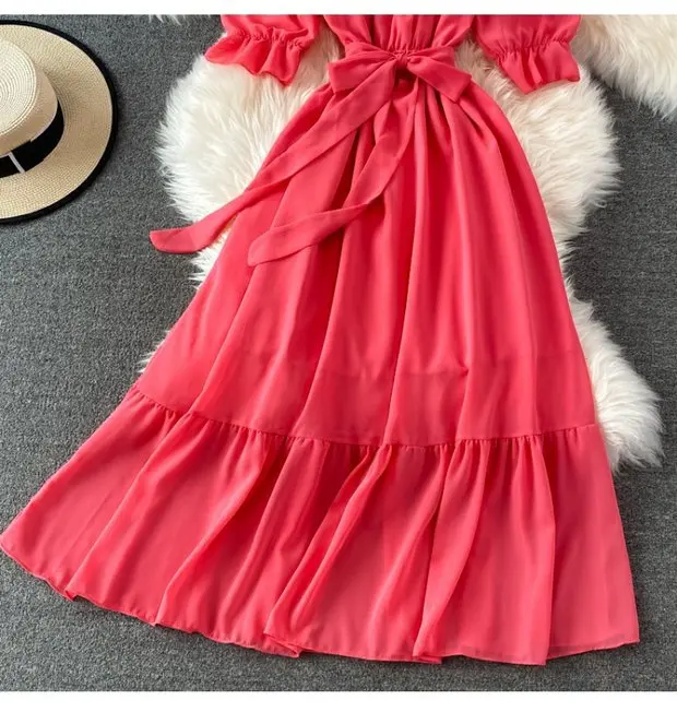 Beach Dress Women Sexy Off The Shoulder Slash Beach Chiffon Dresses Ladies Elegant A Line Bandage Party Dress Long Robe