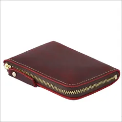 Elegant Vintage Leather Zipper Wallet - Compact Card Holder & Business Card Case (Red)