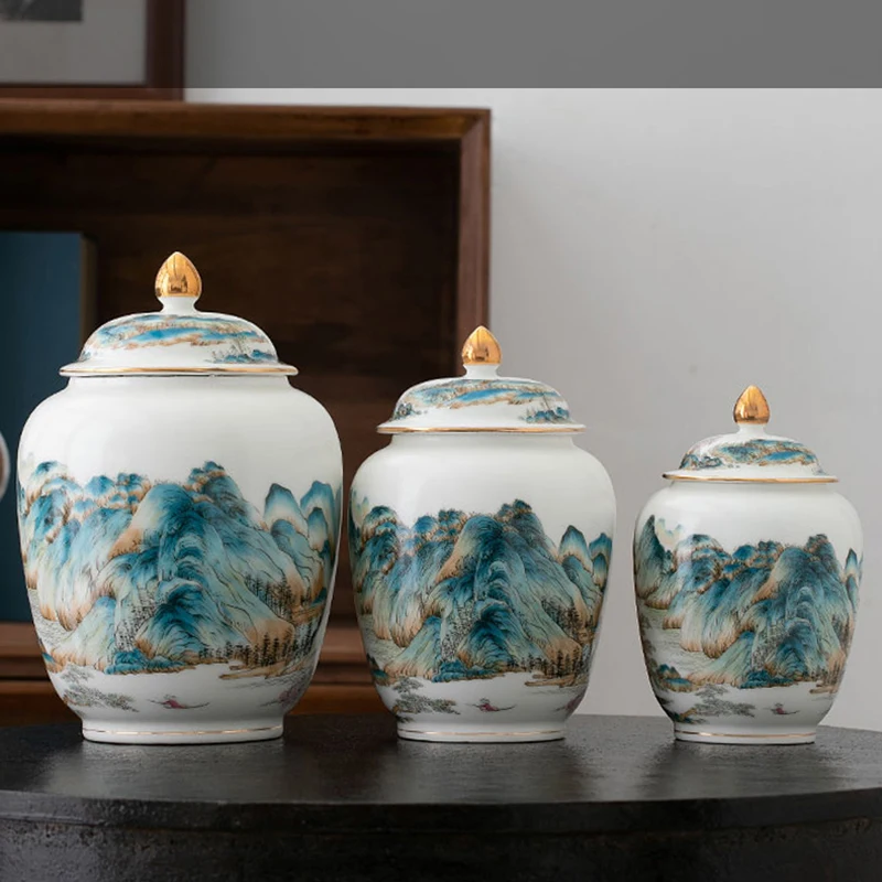 

Chinese Ceramic Tea Landscape Flower Decoration Storage Jar Candy Nut Coffee Bean Grain Sealed Jar Kitchen Storage Container New
