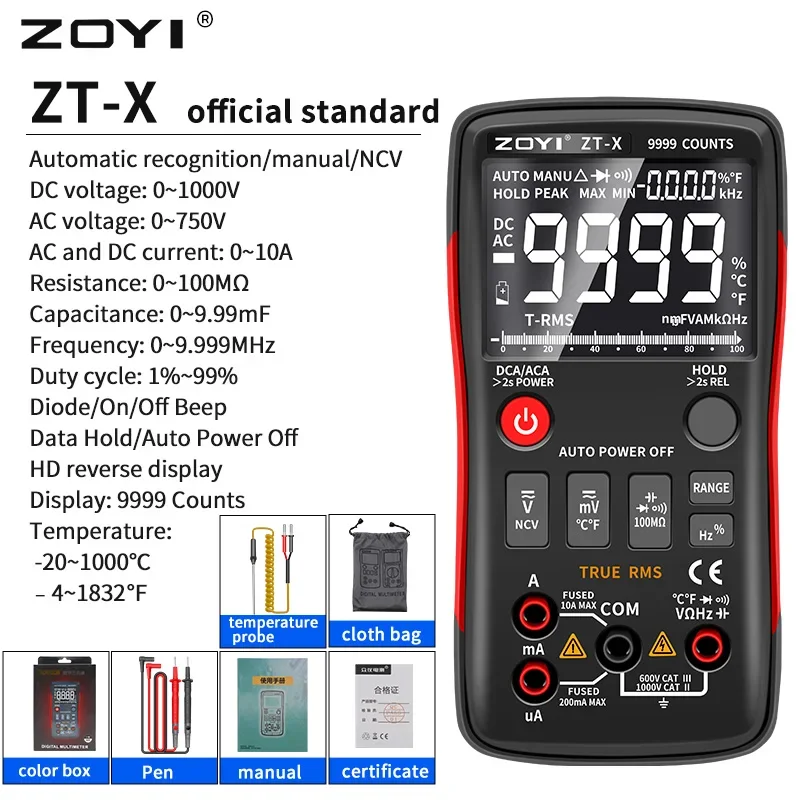 ZOYI ZT-X Digital Multimeter ZT301 T-RMS Auto Range EBTN DC AC Voltmeter Ammeter Capacitor Ohm Hz NCV Tester