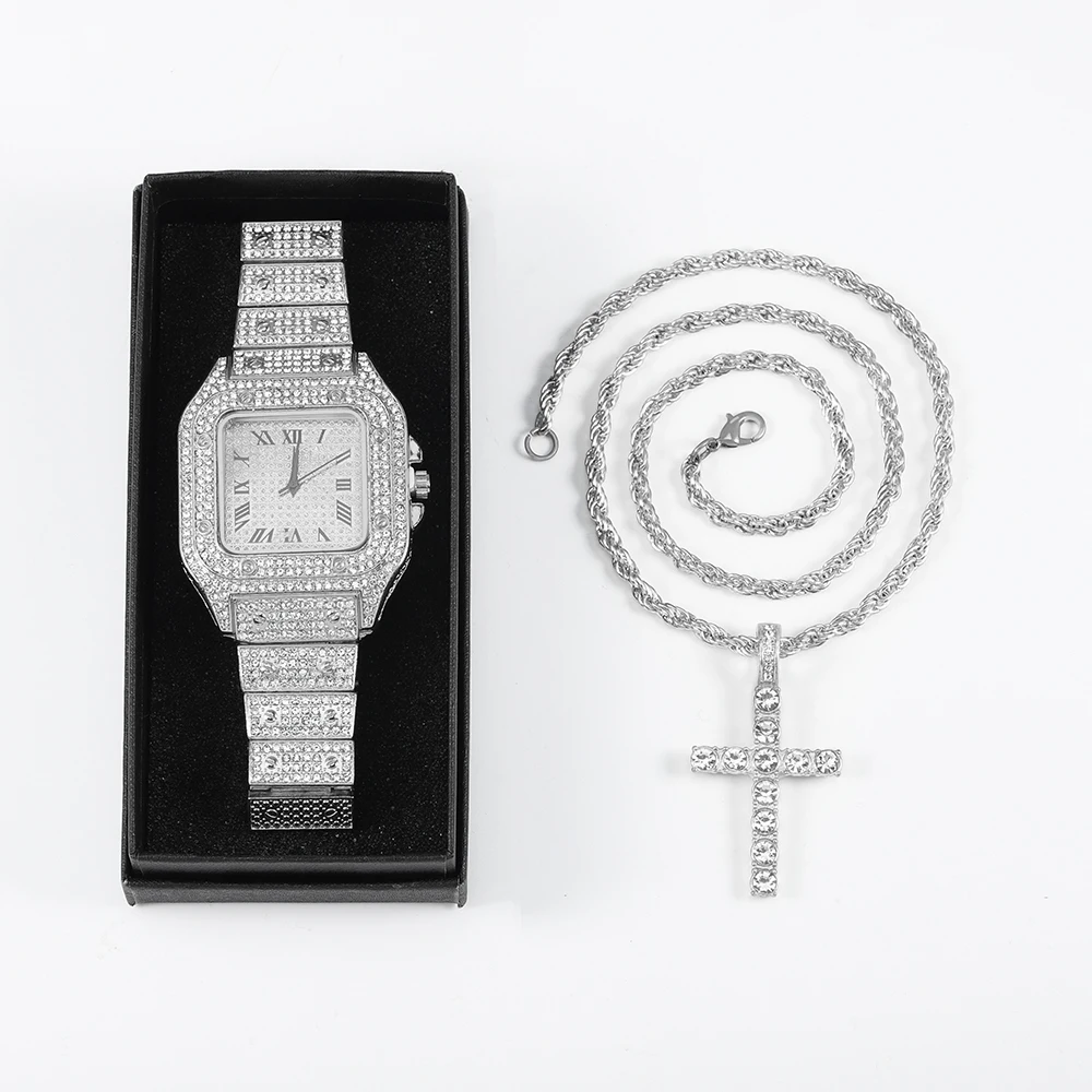 3pcs Stylish Jewelry Set Hip-hop Punk Inlay Diamond Square Quartz Watch With Cross Pendant Necklace For Men Women Party Gift Box 5