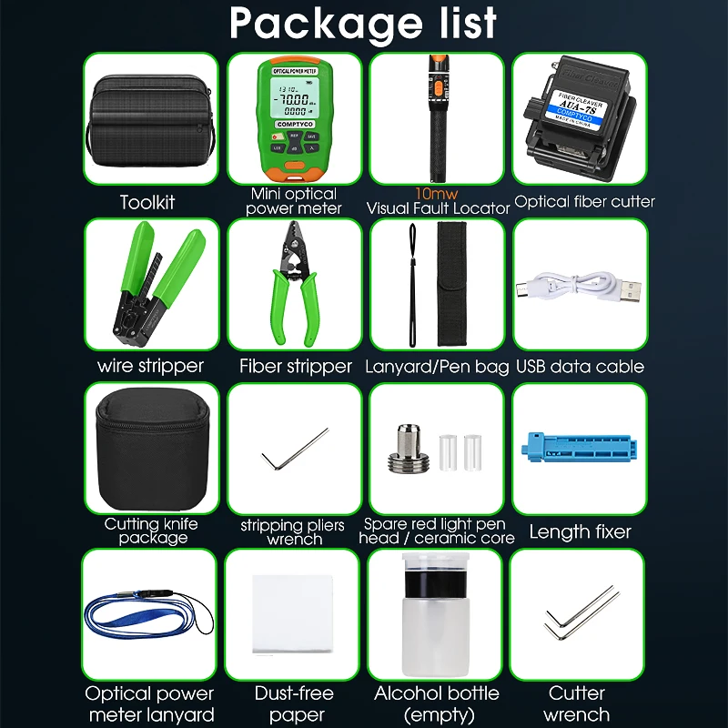 PAYEN FTTH Fiber Optic Tool Kit with AUA-7S Fiber Cleaver -70~+10dBm AUA-DC7 Rechargeable Mini Optical Power 10MW Visual Fault L