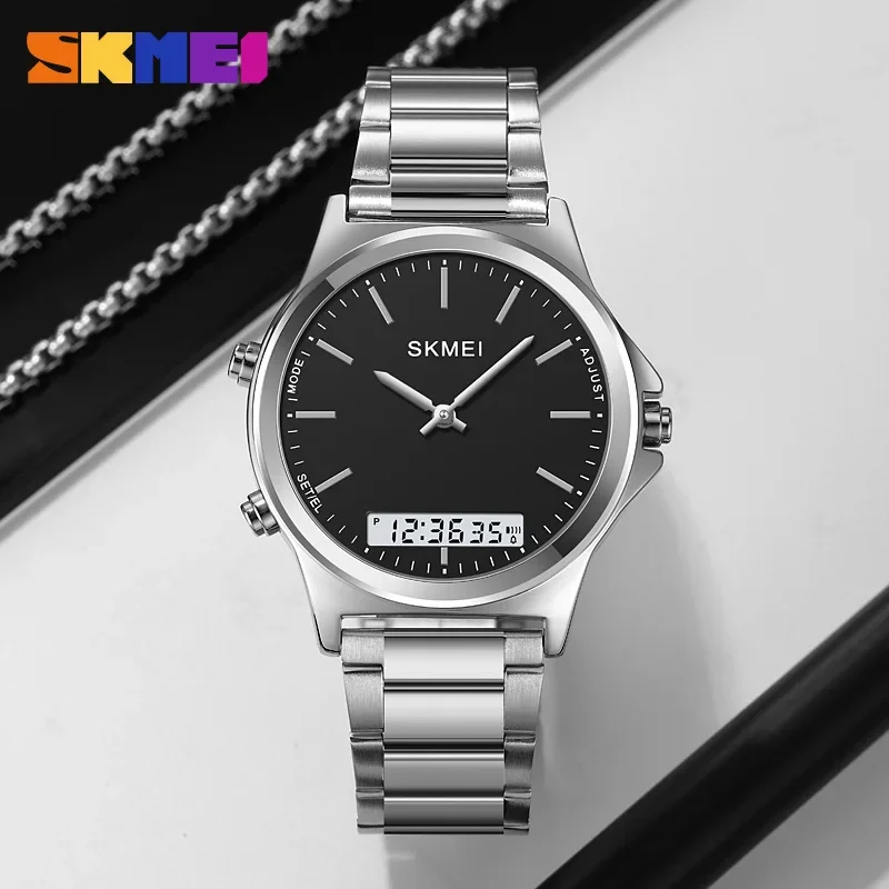 SKMEI 2120 Digital Quartz Watch for Men Waterproof Sport Dual Display Stainless Steel Mens Wristwatches Alarm Clock Reloj Hombre