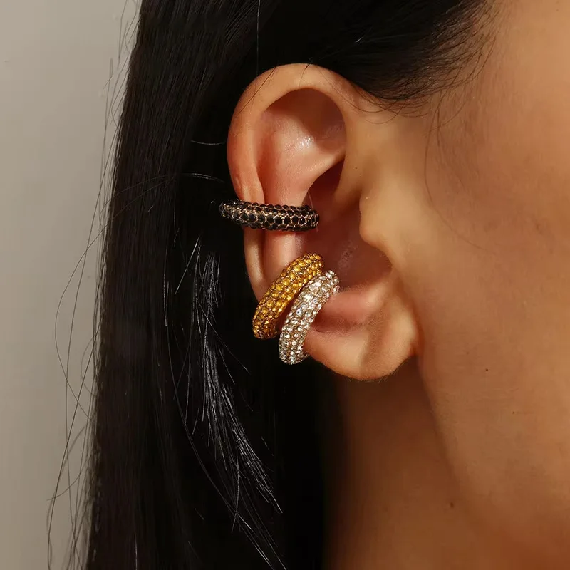 Women Jewelry Personality Accessories C-Shape Rhinestones Ear Clips Bohemian Colorful Ear Cuff Luxury Clip On Earring