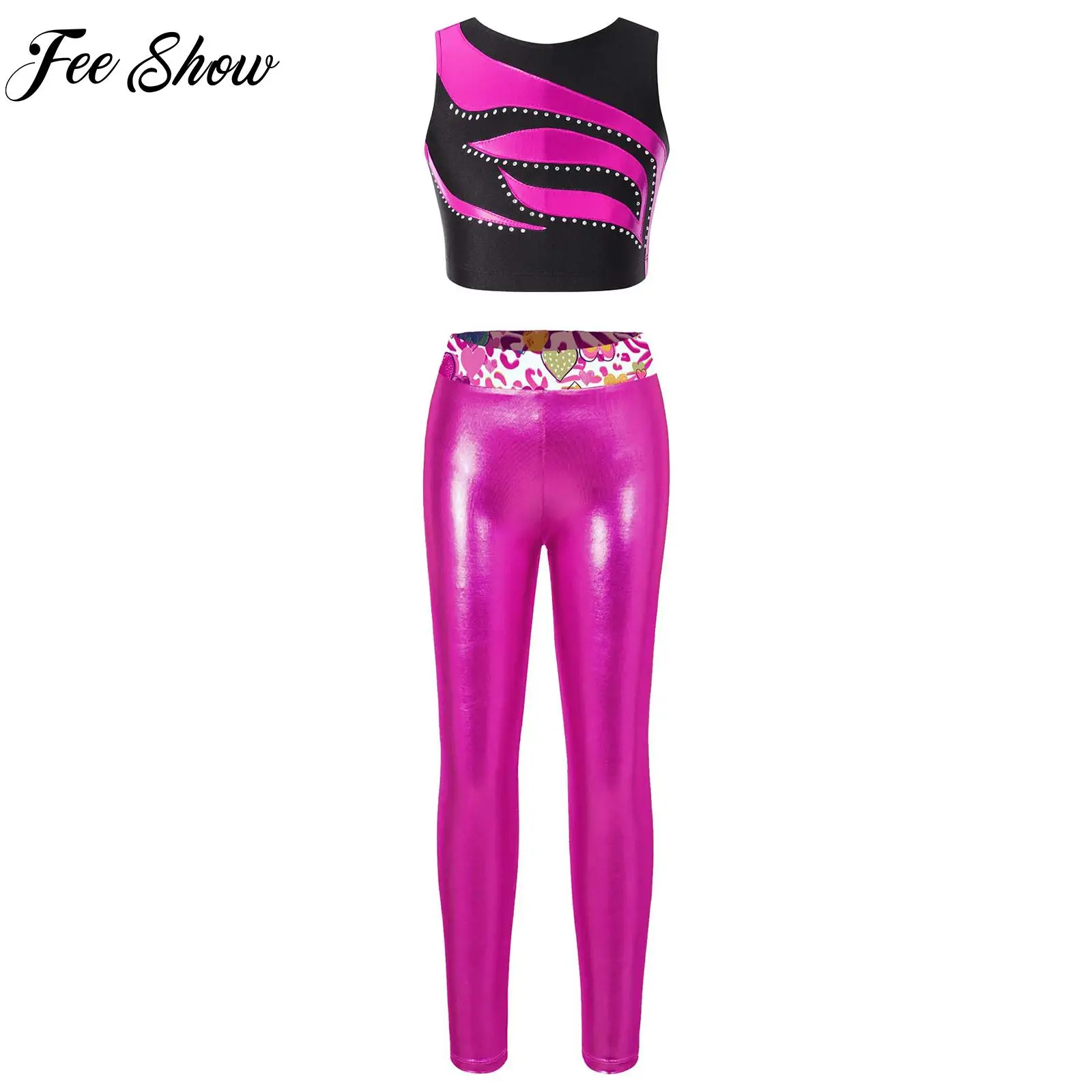 

Kids Girls Gymnastics Dance Sports Set Sleeveless Shiny Rhinestones Decorated Crop Top with Printed Waistband Metallic Leggings