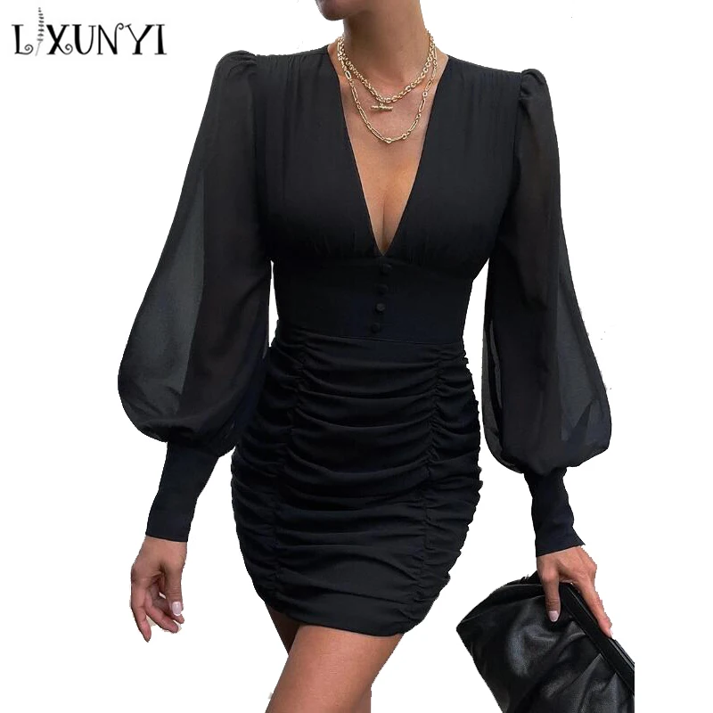 

LXUNYI Deep V-Neck Slim Sexy Sexy Dress Long Sleeve Lantern Sleeve Black Woman Dress Short Mini Tight Pencil Dresses