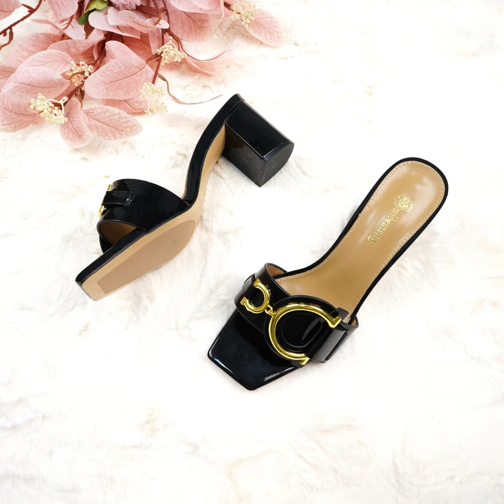 Fashion ladies high heels luxury leather slippers square toe women's shoes suitable for party and banquet slippers size 44