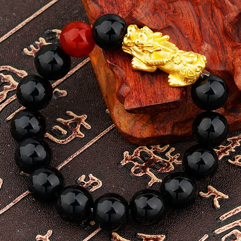 

12mm beads Pure copper Pixiu Feng Shui Gift Obsidian Bracelet for man and women Handmade good Lucky Amulet Jewellery