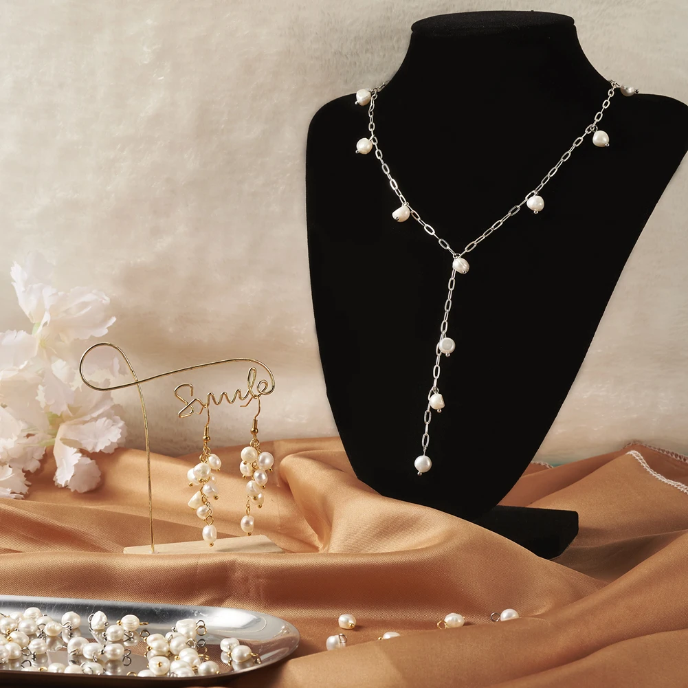 80Pcs Natural Cultured Freshwater White Pearl Charms Oval Golden & Platinum Color Pendant Earring Choker Necklace Jewelry Making