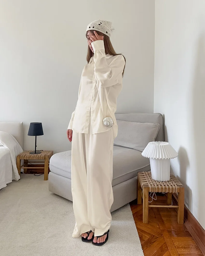 Fashion Commute 2 Piece-Set Trousers Ladies Casual Solid Shirts And High Waist Wide Leg Clothes Outfits Women's Pants Sets