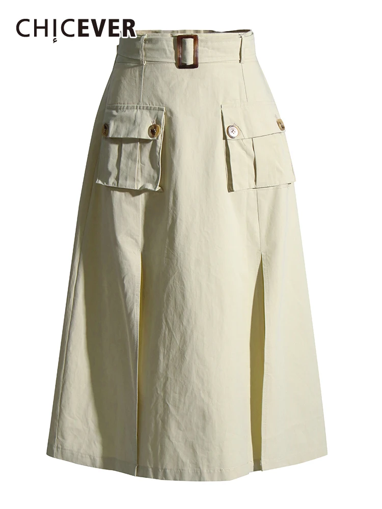 

CHICEVER Patchwork Pockets Solid Skirts For Women High Waist Side Split Vintage Chic Cargo Skirt Female Summer Fashion Clothing