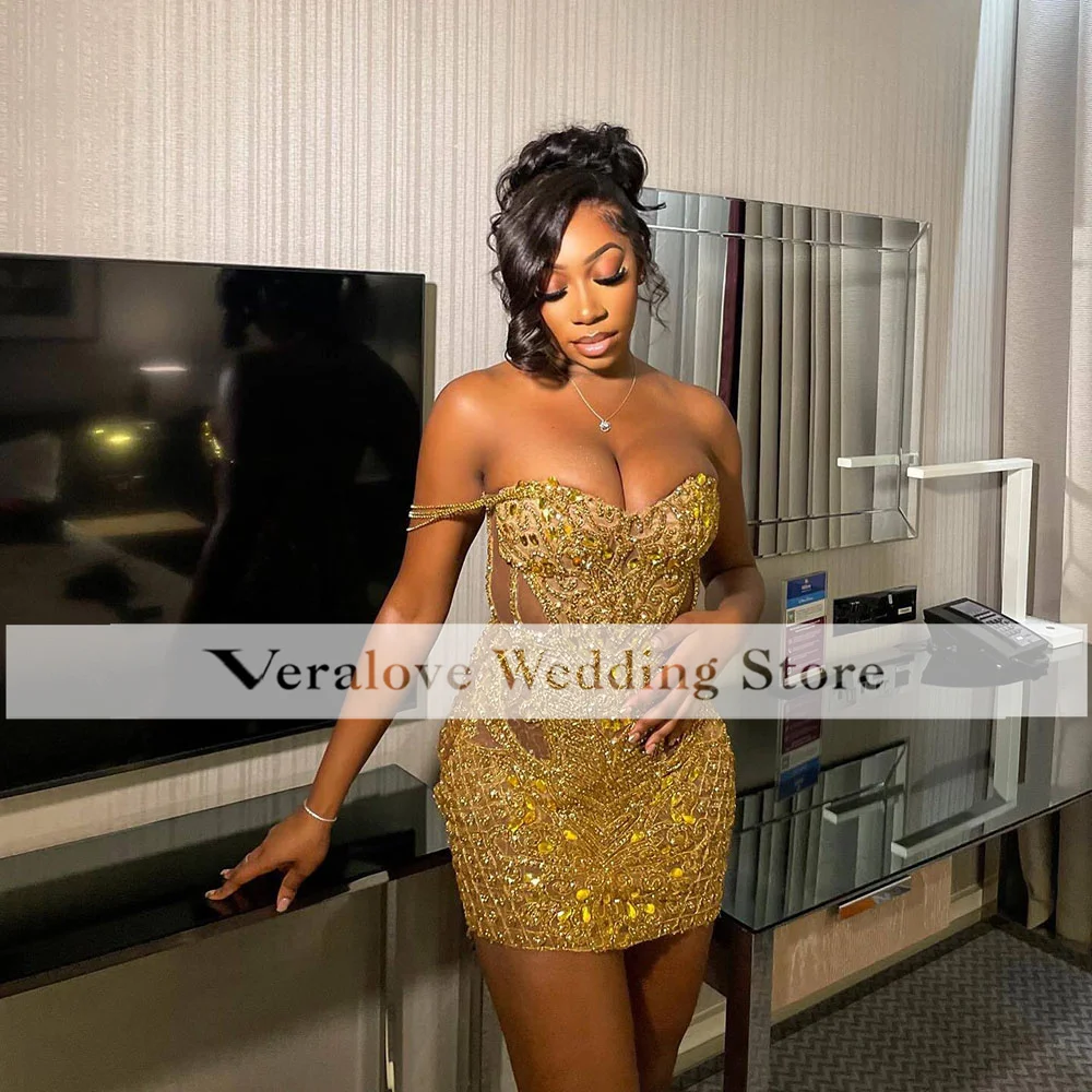 Gold Birthday Outfit For Women Crystal Beading Tassel Short Prom Gowns Mini