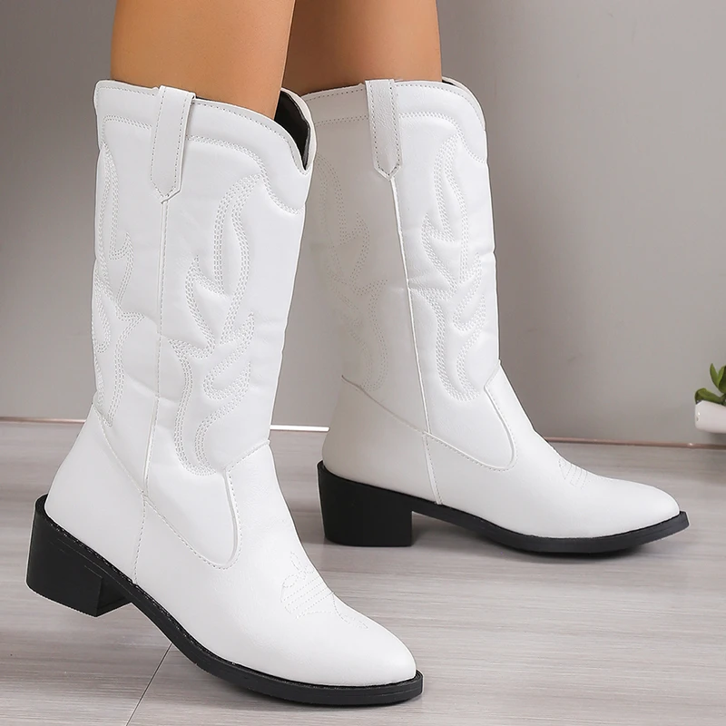 

New Mid Calf Western Cowboy Boots Women Embroidered Chunky Heels Cowgirls Boots Woman Autumn Pointed Toe Leather Boots 36-43