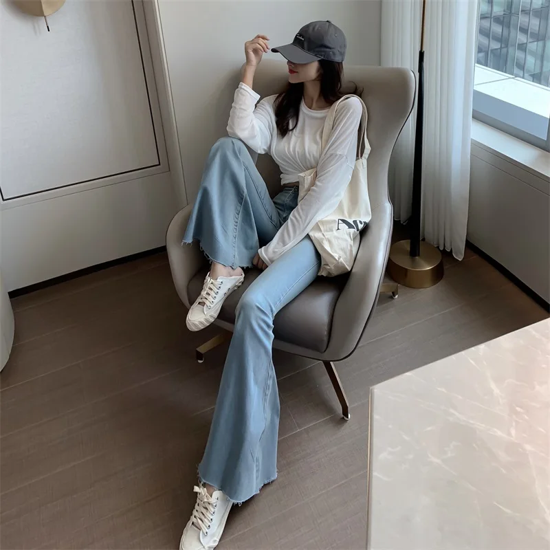 Plus Size Slit Denim Jeans Flare Pants Women Trousers Korean Style Casual Office Lady Female High Waist Long Bell Bottom Pants