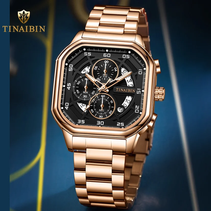 

Luxury Men's Watch Stainless Steel Square Quartz Wristwatch Chronograph Calendar Waterproof Luminous Business Watches for man