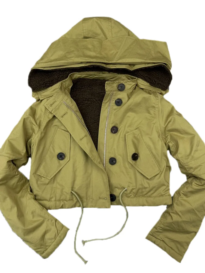 

Rocker fleece jacket short hit color loose fit detachable hood design warm and comfortable 2023 winter new 1104