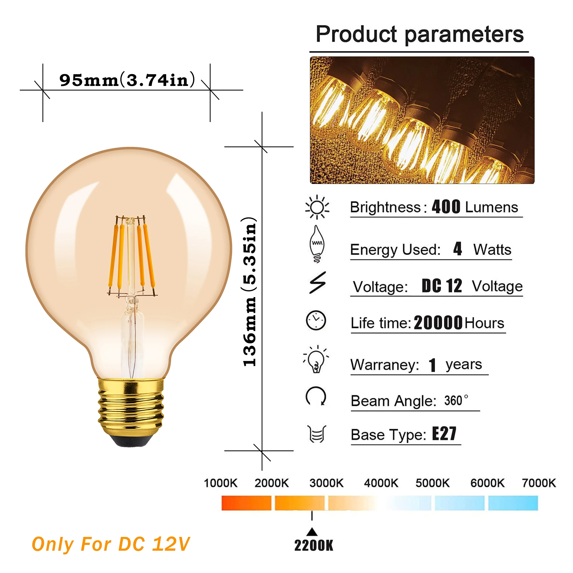 ตัวเลือกสินค้า หลอดไฟ LED Vintage Edison สไตล์ Warm White สำหรับตกแต่ง RV พร้อม E27/E14/12V