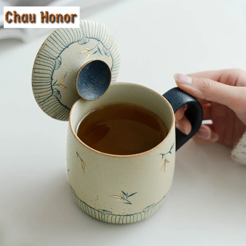 430ml Retro Blue And White Flint Red Filter Tea Separator Cup Pure Hand-painted Green Bamboo Office Work Cup Coffee Mug Drinking