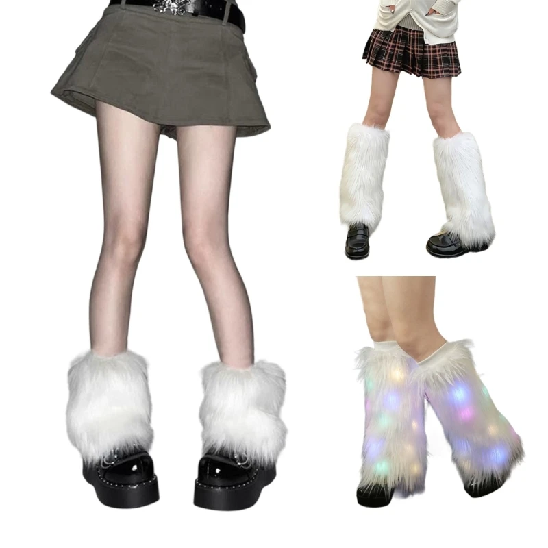 

L93F Womens Furry Party Costume Light Up Y2K Faux Furs Fuzzy Long Shoes Cuffs Cover Leg Warmers/Boot Sleeve/Boot Covers