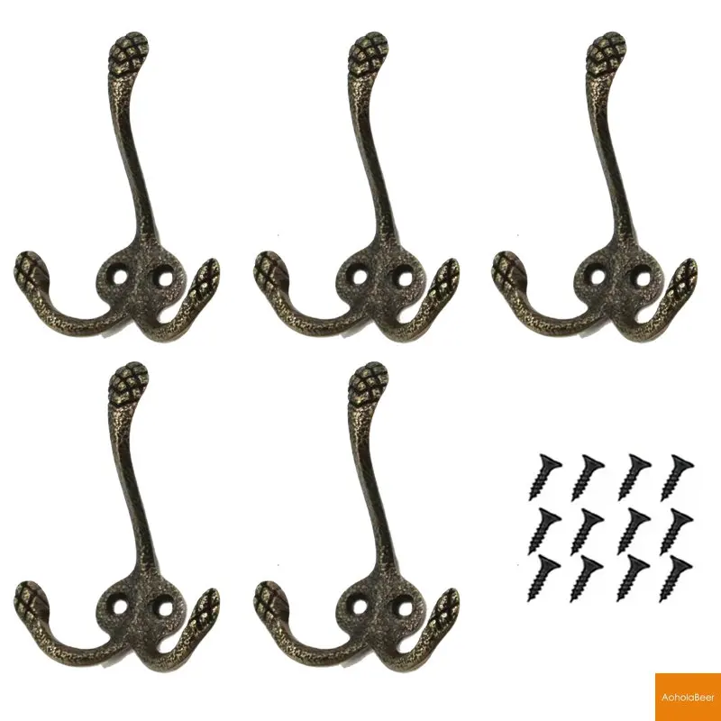 5 Units Double Wall Hooks Decorative Door Mounted Key Hat Hanger Antique  Clothes Hook Bedroom Vintage Robe Hook with Screws