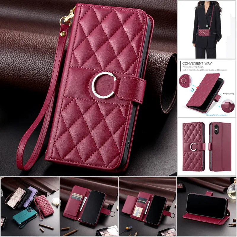 Elegant Flip Leather Wallet Phone Case with Long Lanyard and Card Holder