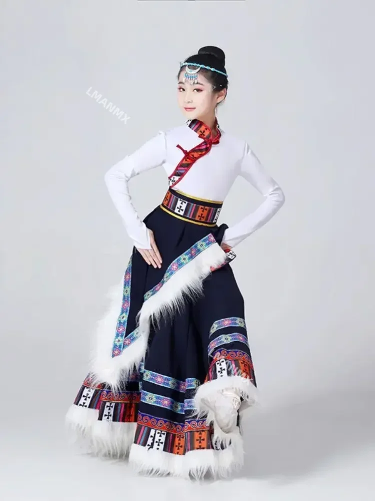 Children's Tibetan Dance Costume Girl's Large Swing Performance Skirt Chinese Style Ethnic Mongolian Performance Clothes