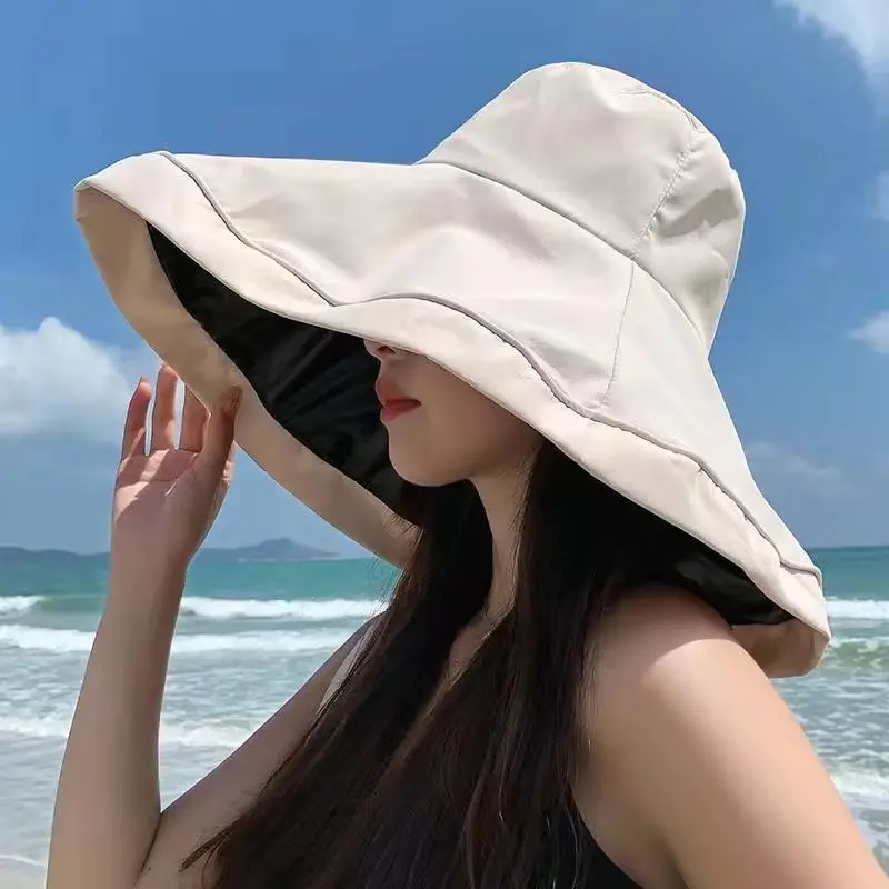 

Large Brim Visor Hat Fisherman women's Sunblock Foldable Outdoor Sunhat Cover Face Bucket Sombrero Fedora Straw Beach