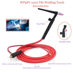 WP9FV 120A TIG Welding Torch 3m Soft Hose Gas Tungsten WP9 Argon Air Cooled Flexible Valve 10-25 8mm Quick Connector Welder