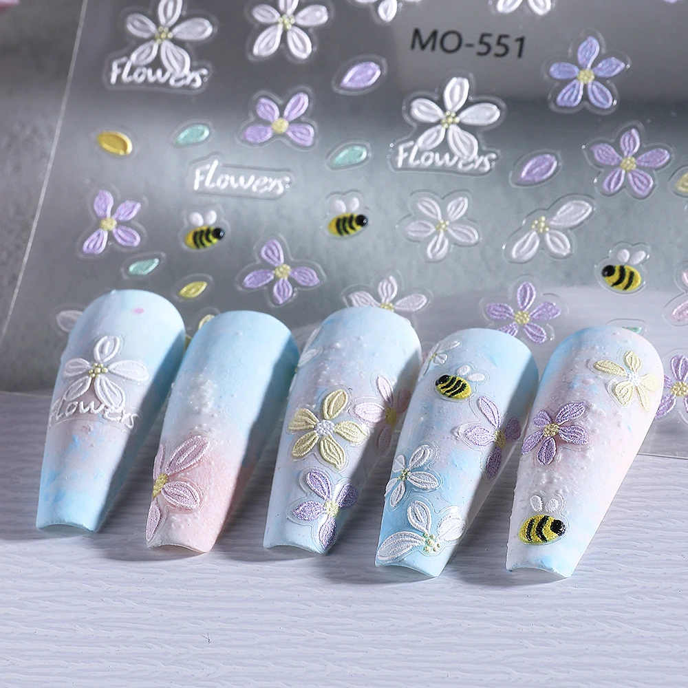 3pcs 봄 여름 꽃 3D 네일 아트 스티커 새겨진 꽃 데이지 체리 꽃무늬 접착 네일 데칼 DIY 매니큐어 네일 랩