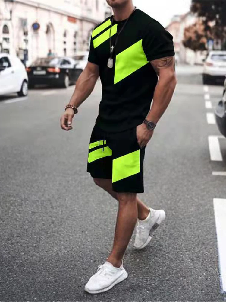 Men's Solid Color Geometric Pattern Multicolor T-Shirt Suit Outdoor Sports Training Two-piece Casual Fashion Top + Shorts New new jumeast brazil football jersey pattern t shirt set flag football print shorts yellow mesh sports ball clothing team uniform