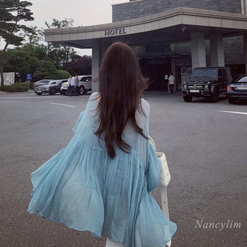 

Korean Style Fairy Blouse for Women Ins Fashion 2022 Summer New Beach Batwing Shirt Long Lantern Sleeve Sun Protection Top Loose