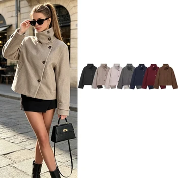 Manteau en Laine Décontracté pour Femme, Style Vintage, Col Montant, Boutonné, Manches Longues, Rétro, avec Poches