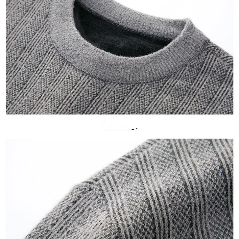 Autumn and Winter Men's Pullover Round Neck Solid Screw Thread Plush Thickened Sweater Knitted Underlay Fashion Casual Tops