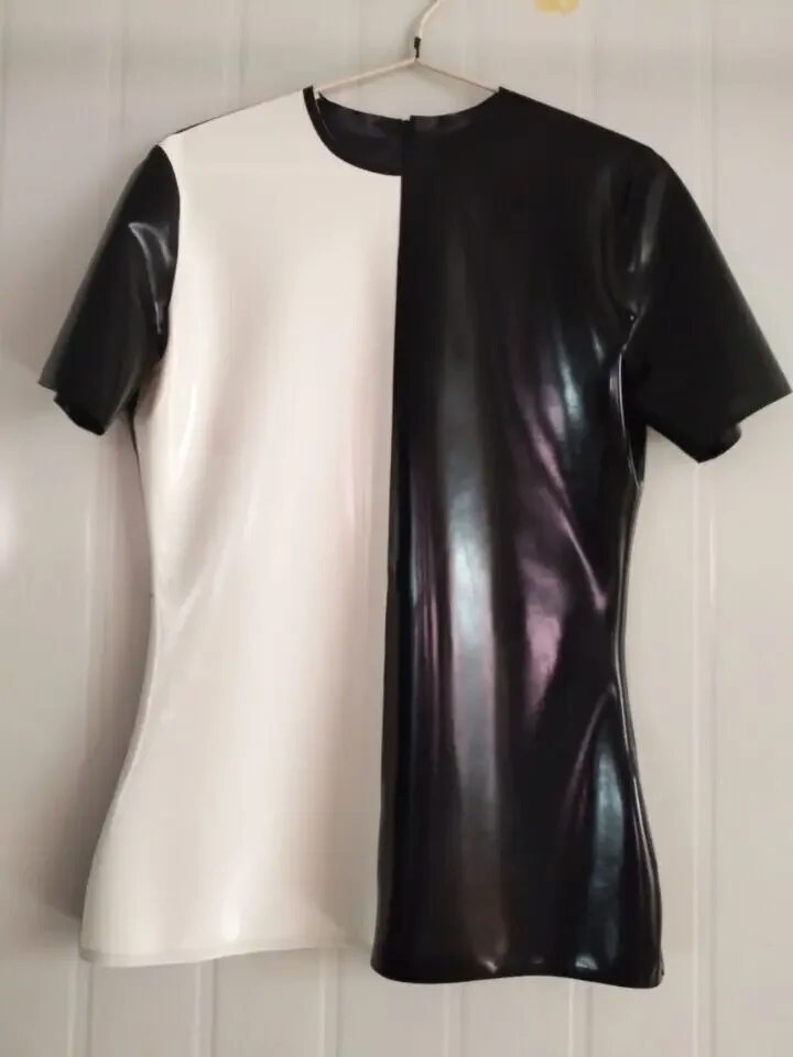 

100% Latex Special Coat Rubber Jacket Black and White Short Sleeve Tops S-XXL