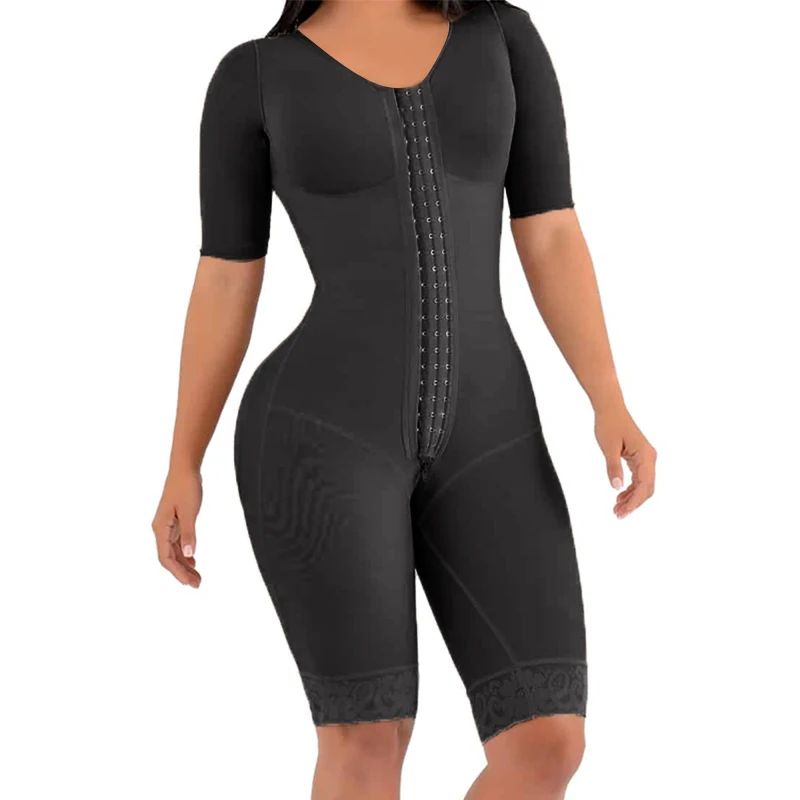 

Fajas Postpartum Bodysuit Knee-Length Pression Girdle Brooch Sleeves Tummy Control Shapewear Gorset Butt Lifter BodyShaper