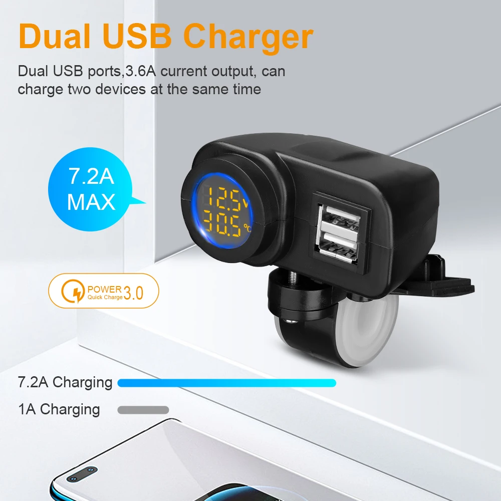 Ouspow Motorcycle Charger 12V 36W QC3.0 Digital Display Dual USB  Phone Fast Charger Voltmeter Thermometer  Phone Charger Socket