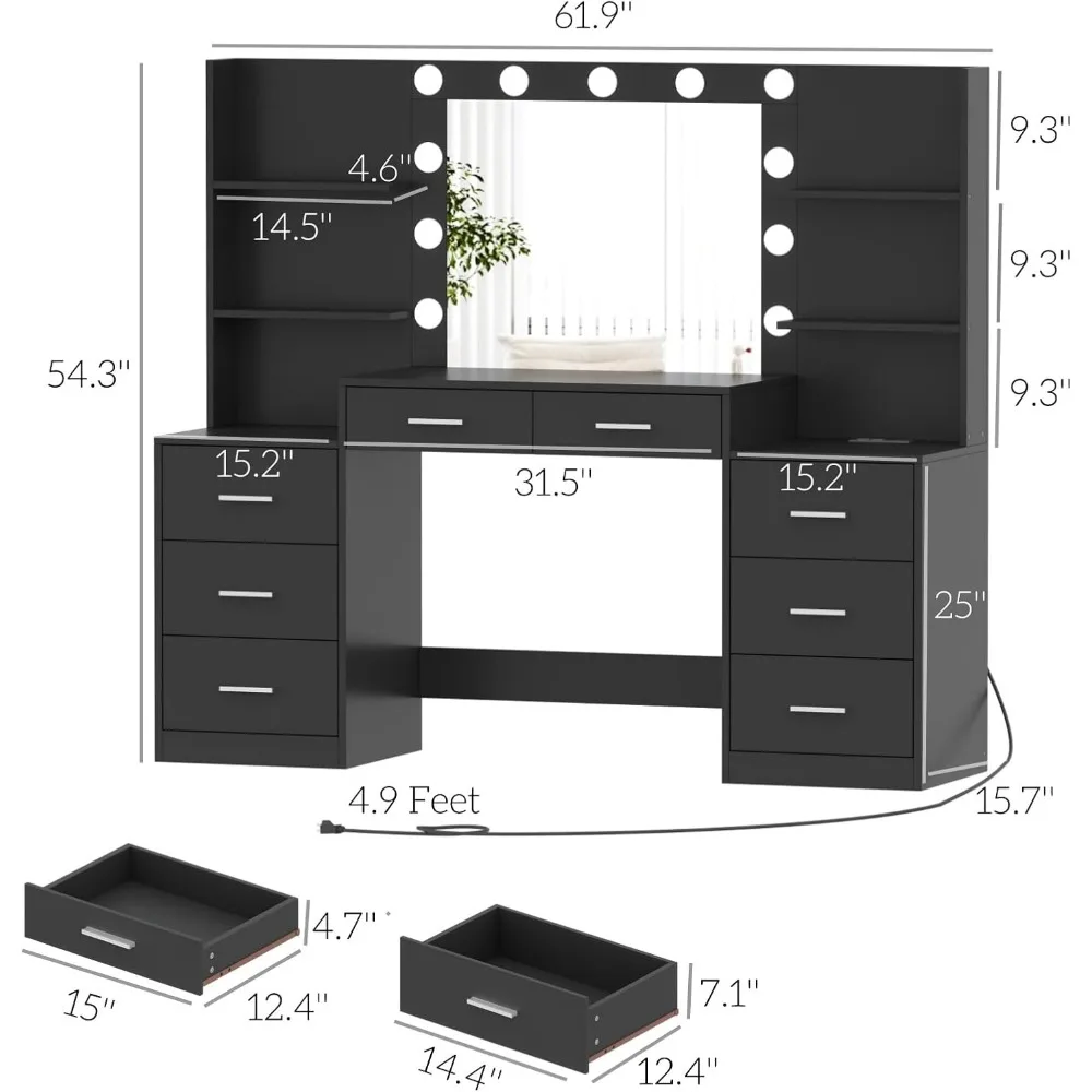 61.9‘’L Vanity Desk with Mirror & Lights, Charging Station, Makeup Desk with Drawers & Open Storage Shelves,Bedroom Vanity Table 2