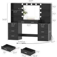 61.9‘’L Vanity Desk with Mirror & Lights, Charging Station, Makeup Desk with Drawers & Open Storage Shelves,Bedroom Vanity Table 2