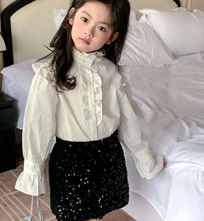 

2024 New Baby Children Fashion Boutique Sets, White Blouse + Sequined Skirts Princess Elegant Suits Girl 2-7T