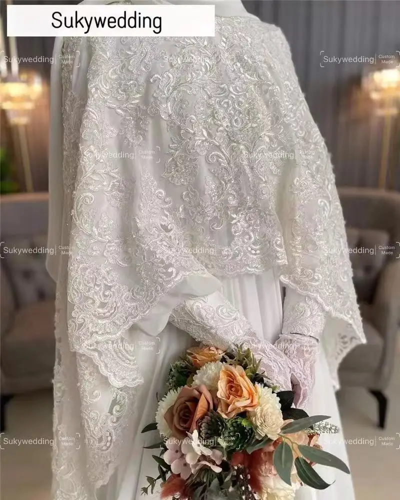 Fashion Muslim Hijab Wedding Dress with Lace Cape Long Sleeve Chiffon Appliques Arabic Dubai Bride Gown Vestidos Customized 4
