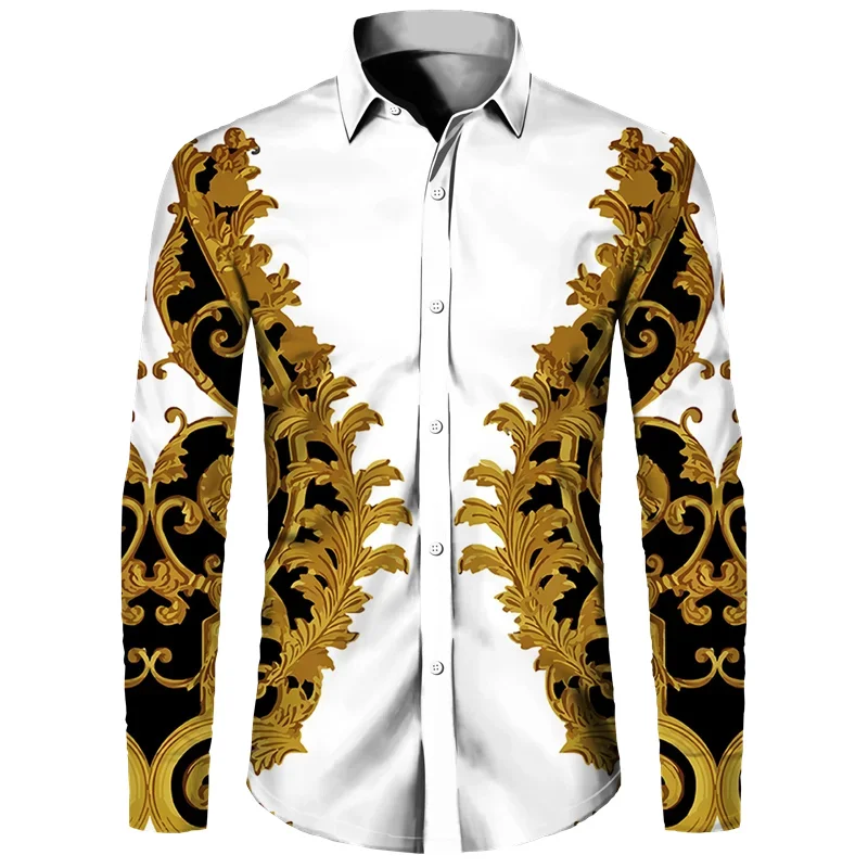 thumbnail image 1 of Camisa de manga larga con estampado 3D de cadena de flores doradas de lujo para hombre, ropa informal de diseñador para hombre, camisas con botones de solapa, 1 of 5