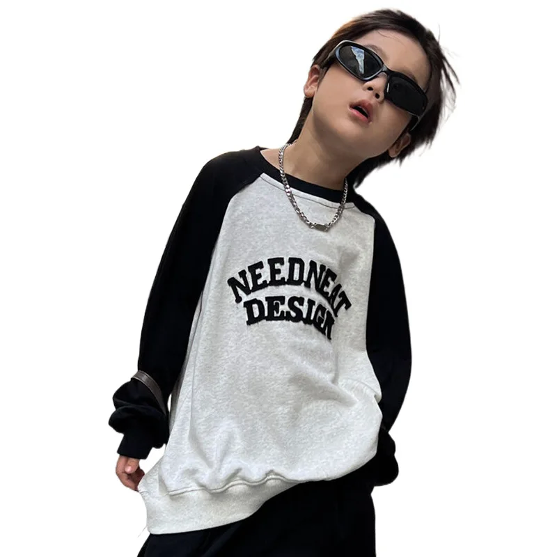 

children's hoodie Korean version of cloth letters woolen edge against color children boys and girls hoodie foreign style