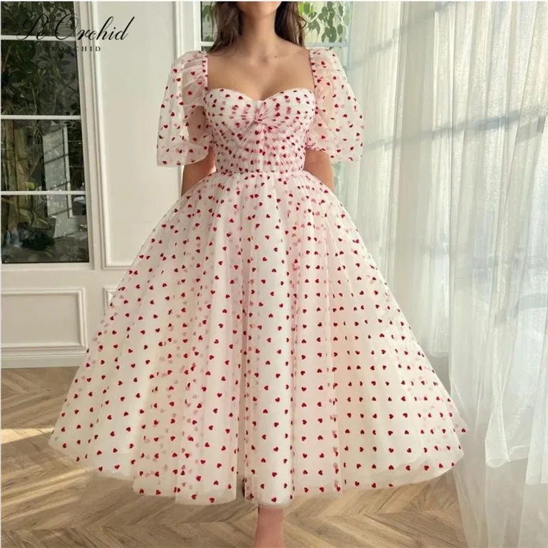 

PEORCHID Romantic White Red Tulle Proms Dresses Women Sexy 2023 Puffy Bubble Sleeves Short Evening Dress For Wedding Party Gowns
