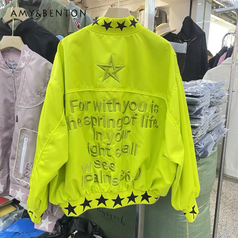 

Embroidered Letters Star Baseball Jacket Women's American Pilot Jaquetas European Style Spring Versatile Motorcycle Clothes Coat